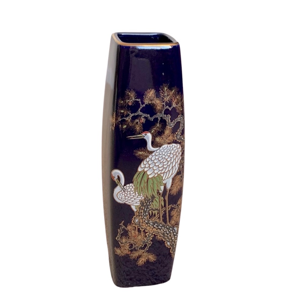 Japanese Art Square Cobalt Blue Hand Painted Vase